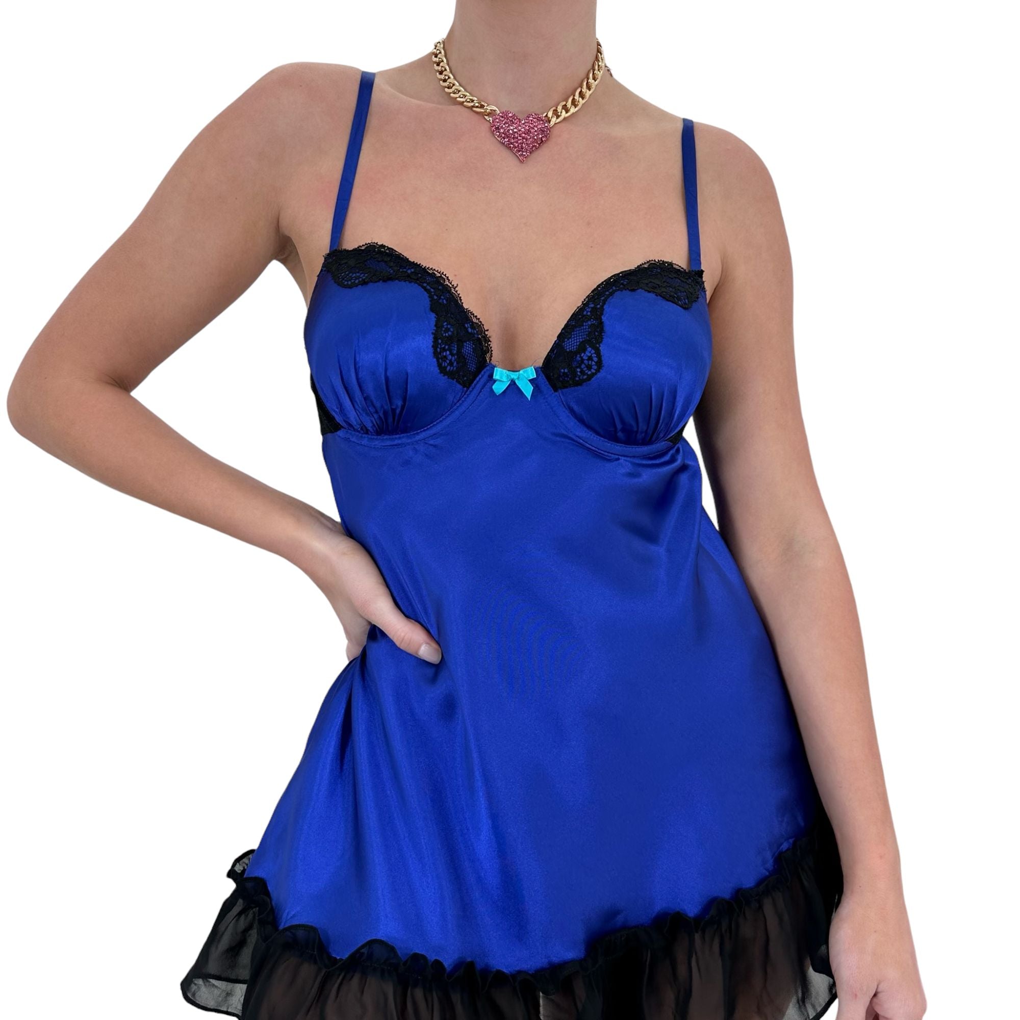Y2k Vintage Electric Blue Black Slip Dress [M]