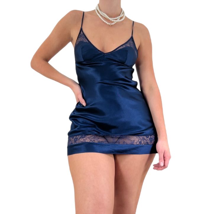 Y2k Vintage Victoria's Secret Navy Blue Satin Slip Dress [XS, S]