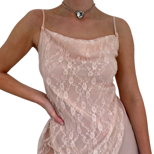 90s Vintage Pink Mesh Lace Slip Dress [S]