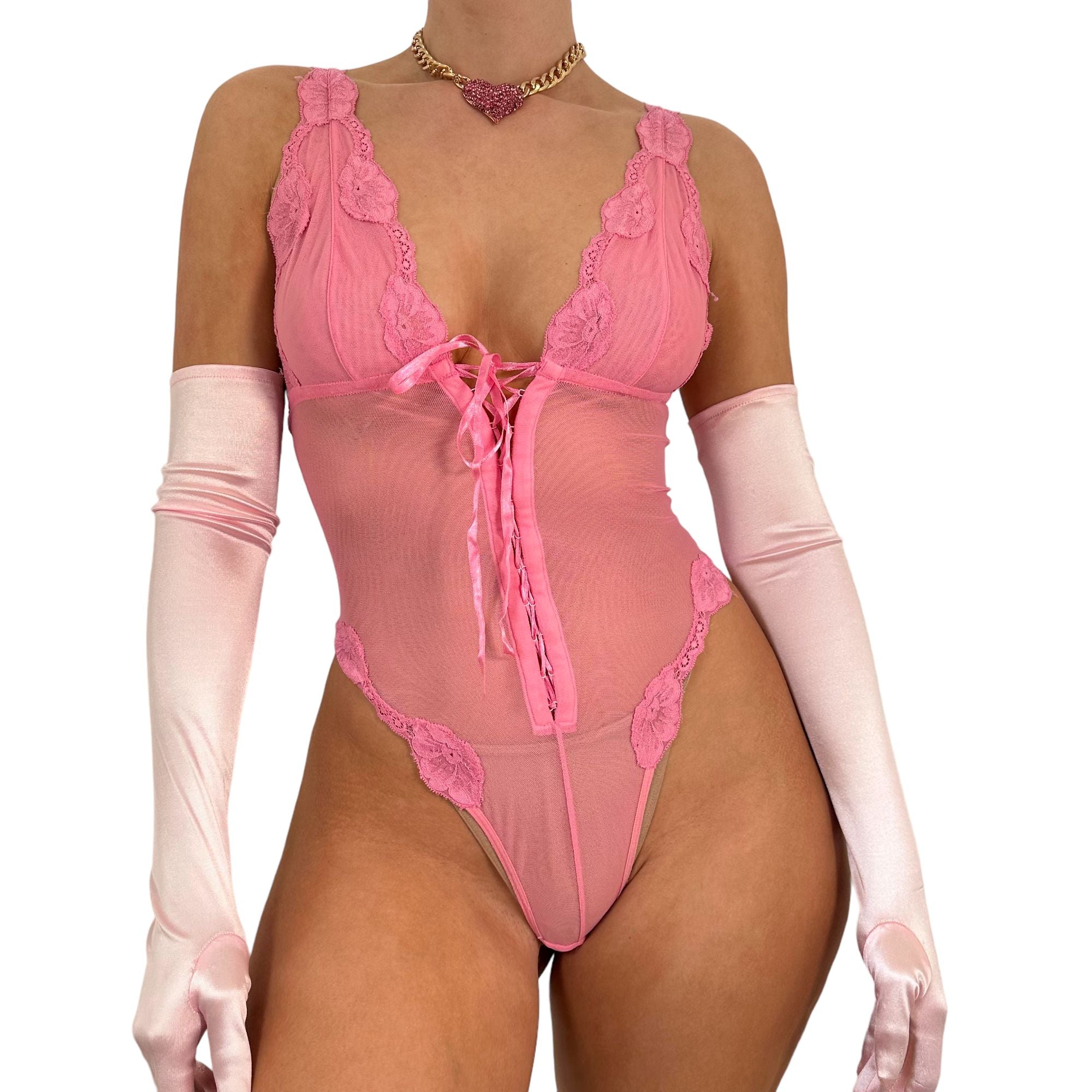 90s Vintage Pink Mesh Bodysuit [M]