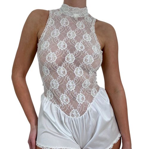 90s Vintage White Floral Lace Bodysuit [M]