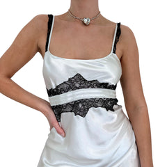 90s Vintage White Black Slip Satin Lace Dress [M]
