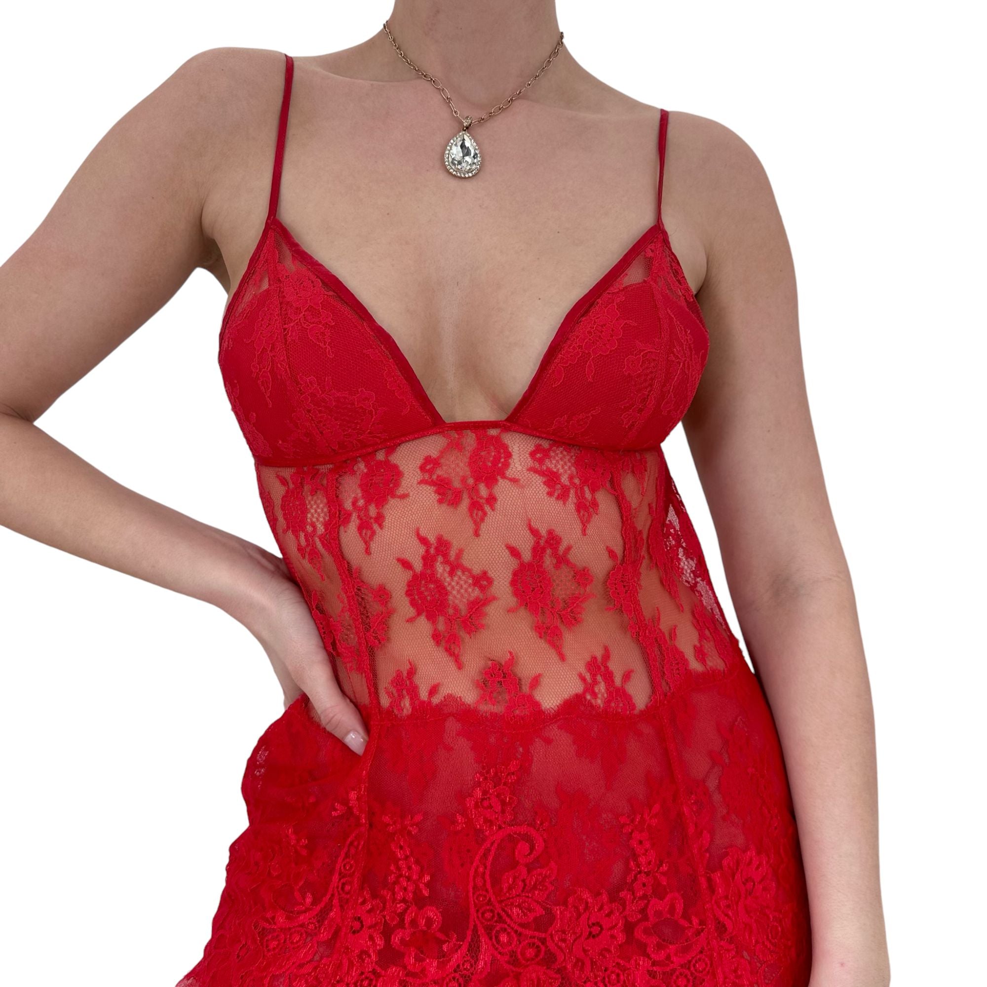 90s Vintage Red Lace Floral Slip Dress [S]