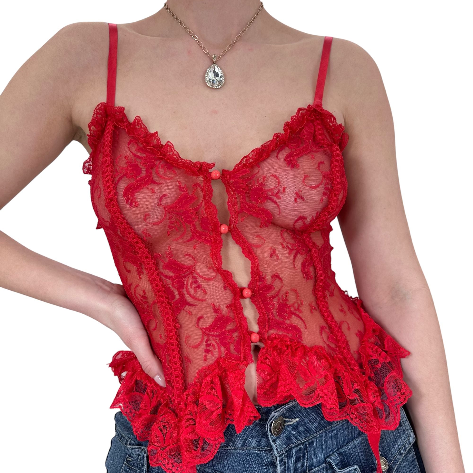 90s Vintage Red Lace Top [S]
