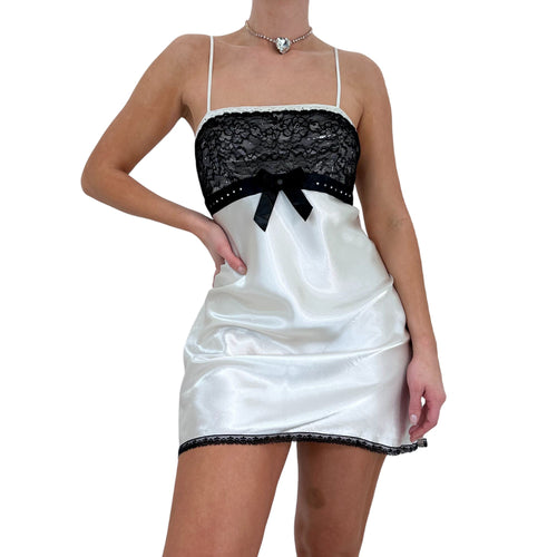 90s Vintage Black White Satin Lace Slip Dress [M]