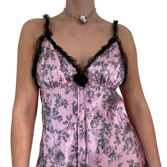 Y2k Vintage Pink Black Satin Floral Slip Dress [M]