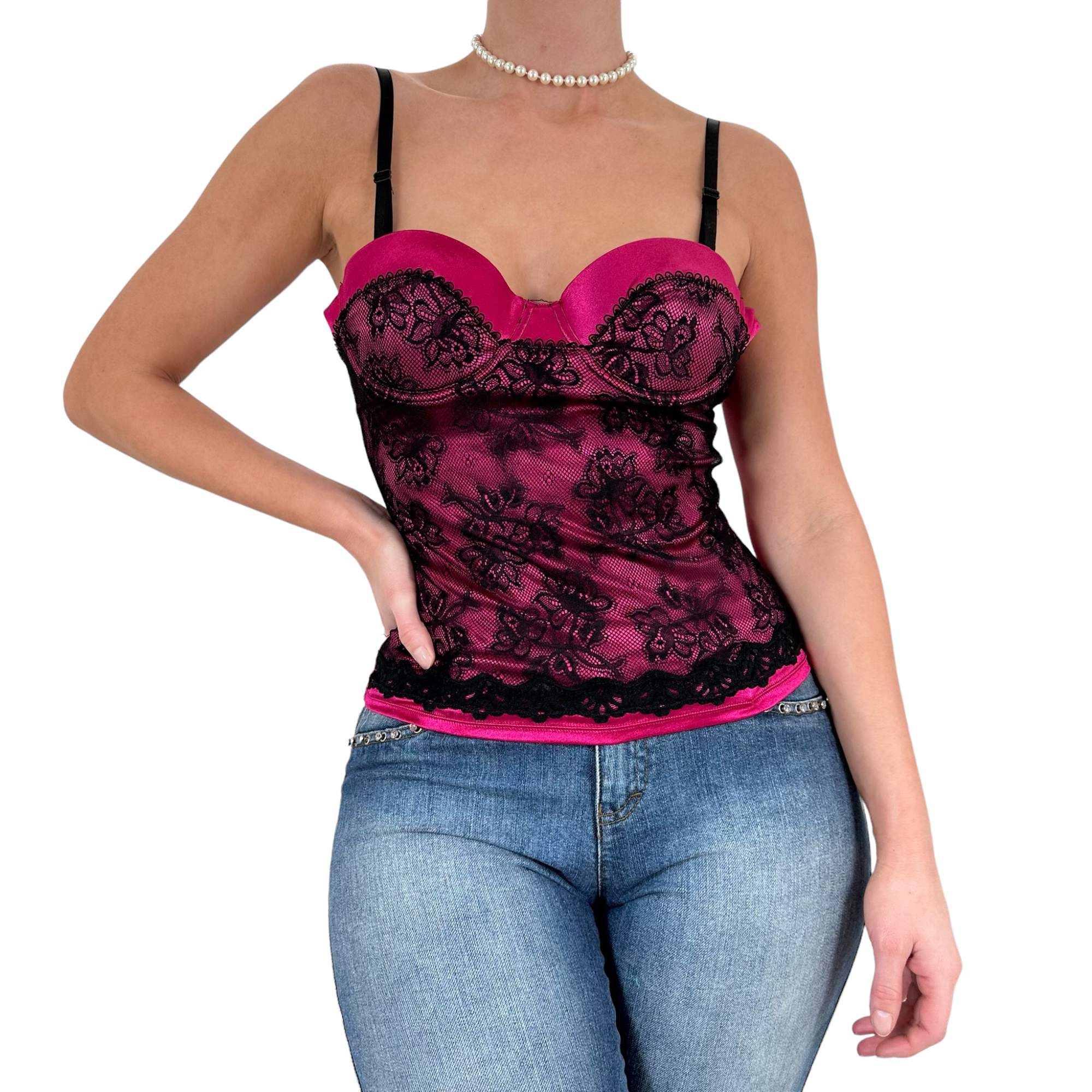 Y2k Vintage Pink + Black Floral Lace Bustier Corset Bustier Top [M