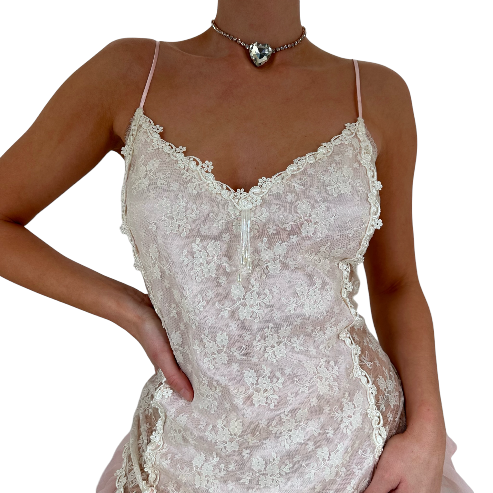 90s Vintage Pink White Floral Lace V-Neck Sheer Trim Slip Dress [XL]