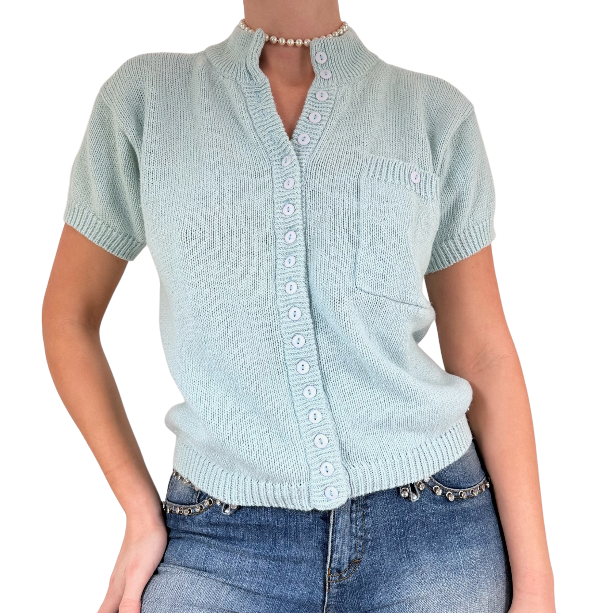 90s Vintage Knit Light Blue Button Up Short Sleeves Sweater Top [S]