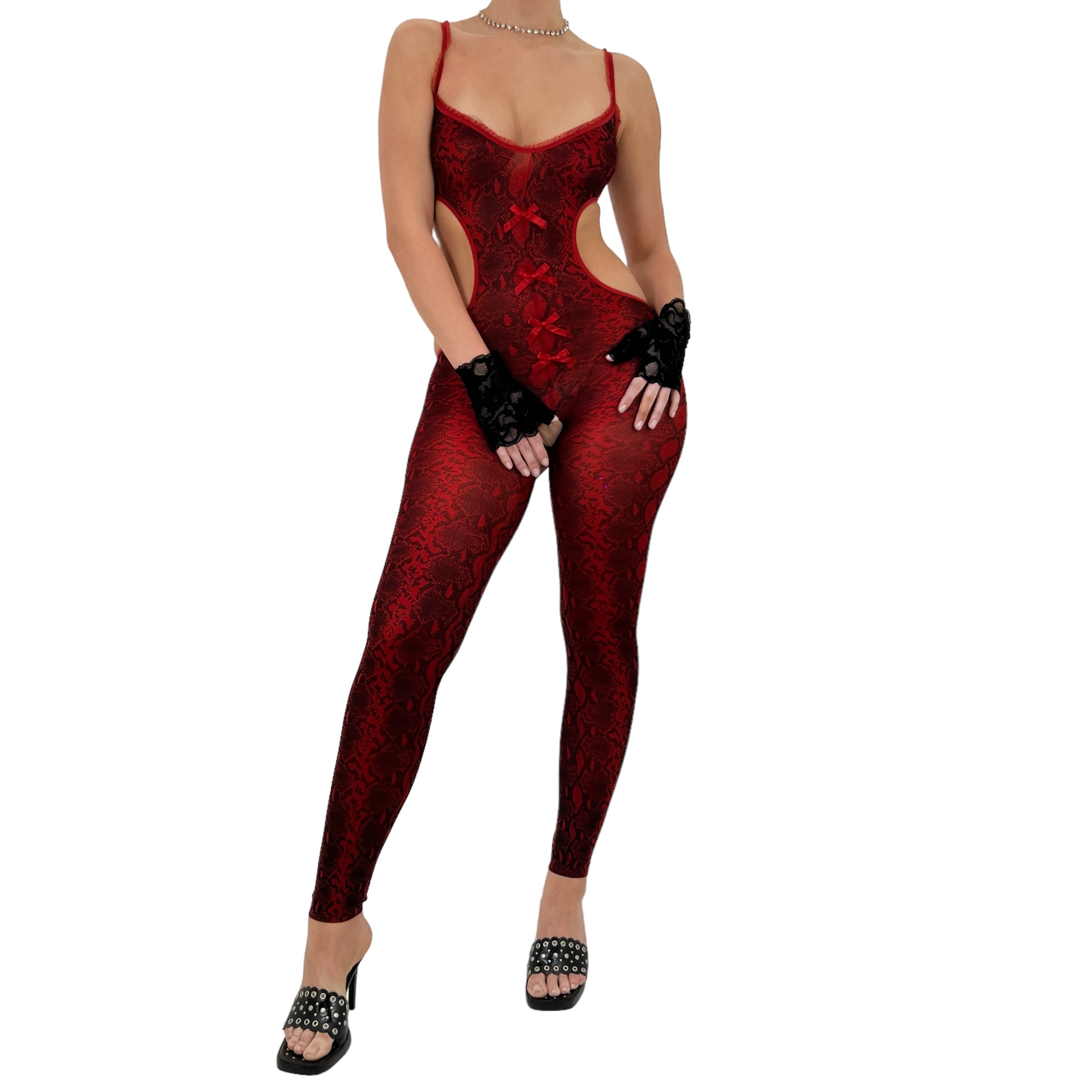 *Anaconda* Snakeprint Bodystocking Jumpsuit - Black + Red [XS-L]