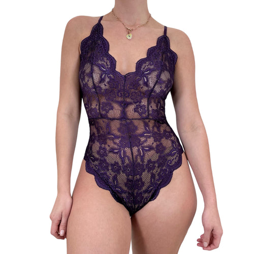 Y2k Vintage Purple Lace Floral Bodysuit [S]