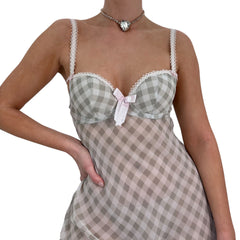 Y2k Vintage Grey White Plaid Slip Dress [S]