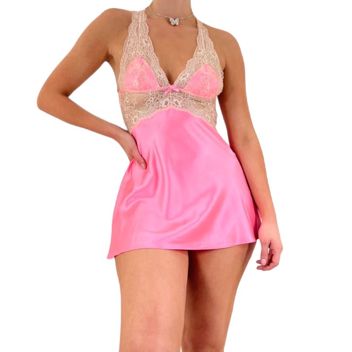 Y2k Vintage Pink + Cream Satin Lace Slip Dress [S]