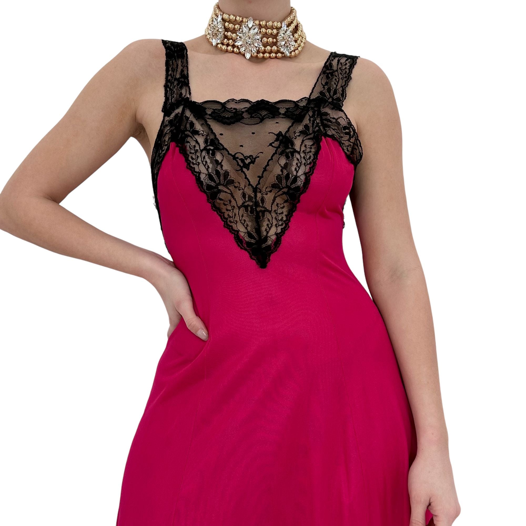 90s Vintage Pink Black Lace Maxi Slip Dress [S-M]