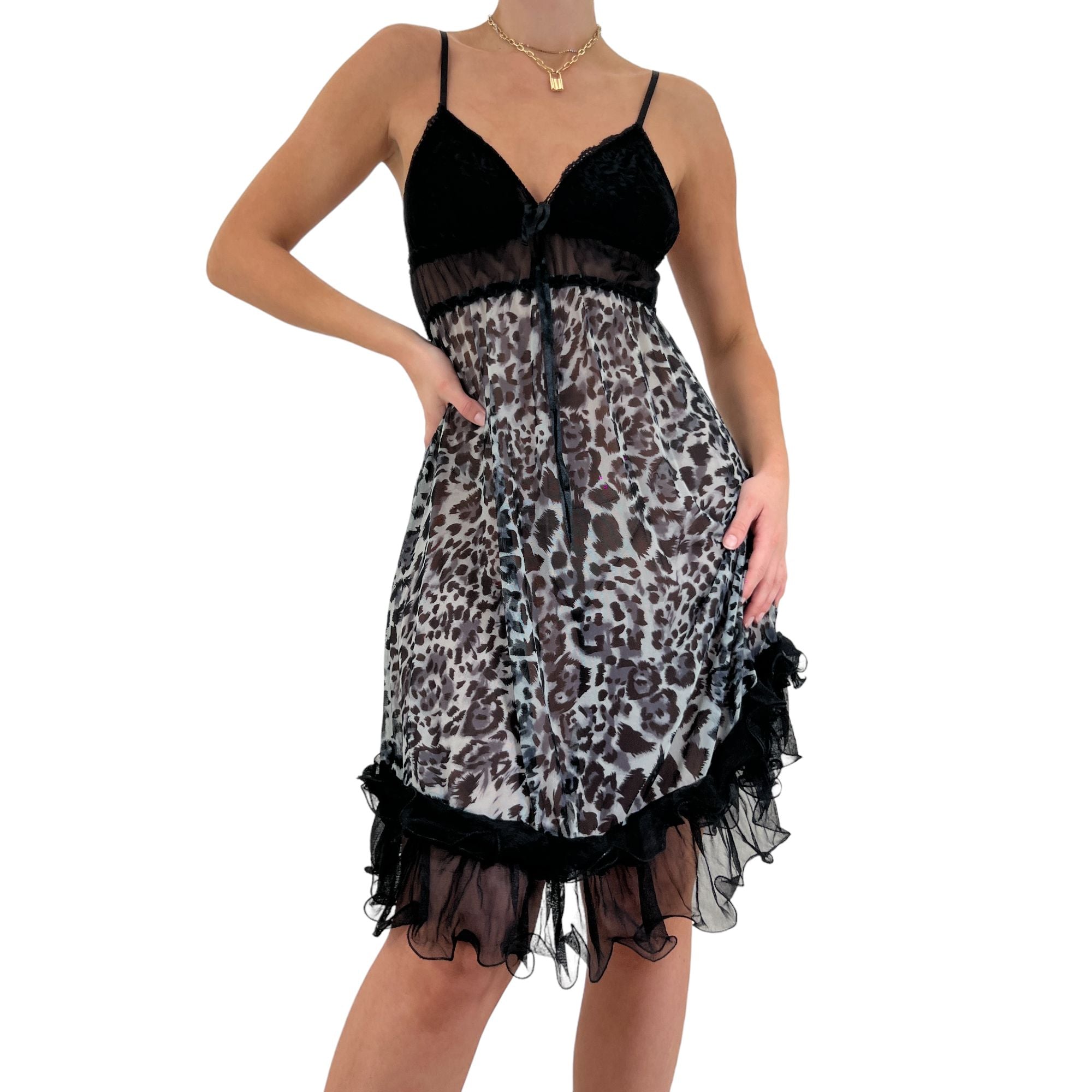 Y2k Vintage Black + Grey Leopard Slip Dress [S]