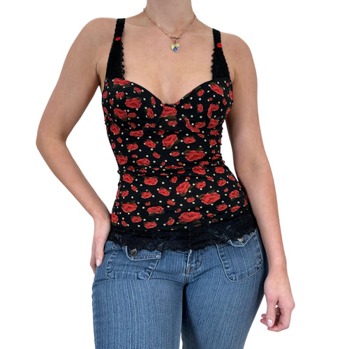 90s Rare Black Red Floral Bustier Top [S]