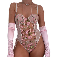 Y2k Vintage White Pink Mesh Floral Bodysuit [S]