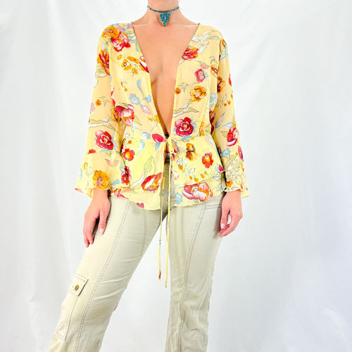 Y2k Vintage Yellow + Red Floral Print Shirt w/ Tie Front + Layered Hem [M-XL]